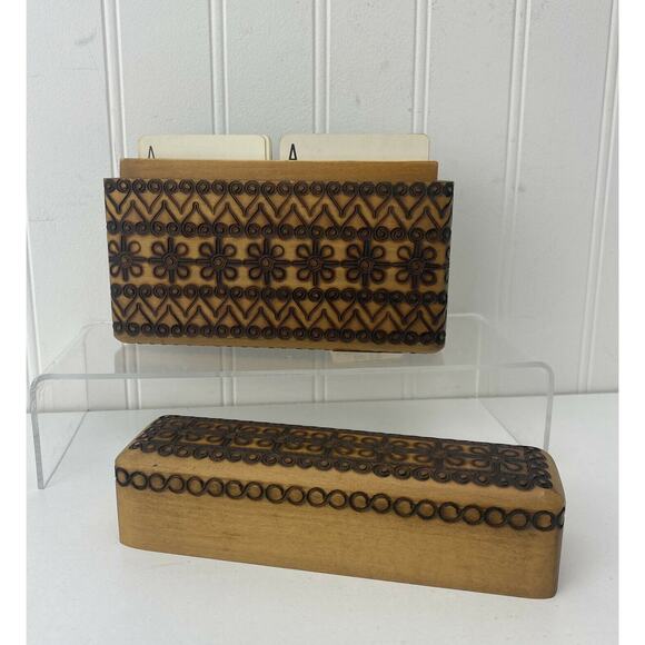 Vintage Polish Pyrography Carved Wooden Playing Card Box With 2 Decks Of Cards - Picture 2 of 7